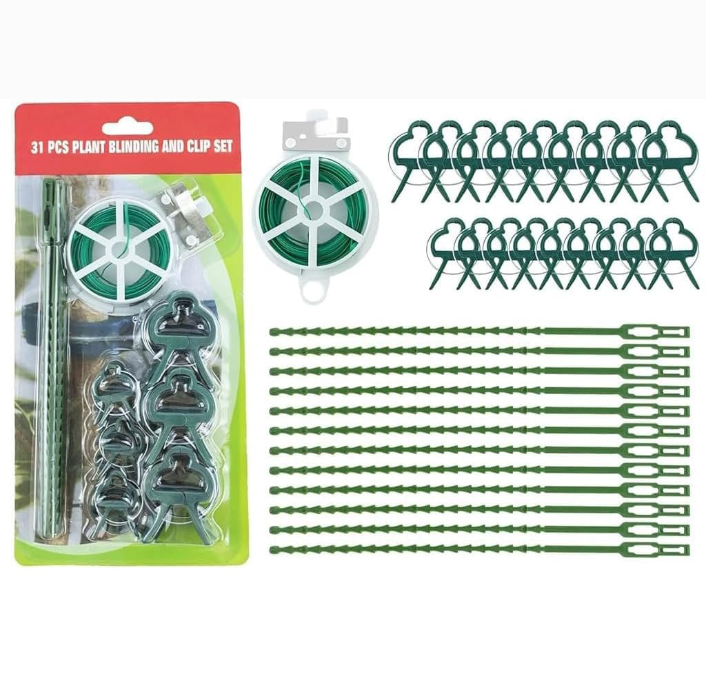 HASTHIP® 31-Piece Gardening Cable Tie & Plant Clip Training Wire Set- Includes 9'' Cable Ties (12 Pack), Plant Clips with 2 Sizes (18 Pack), and 65.6ft Coated Garden Wire for Plant Support & Training