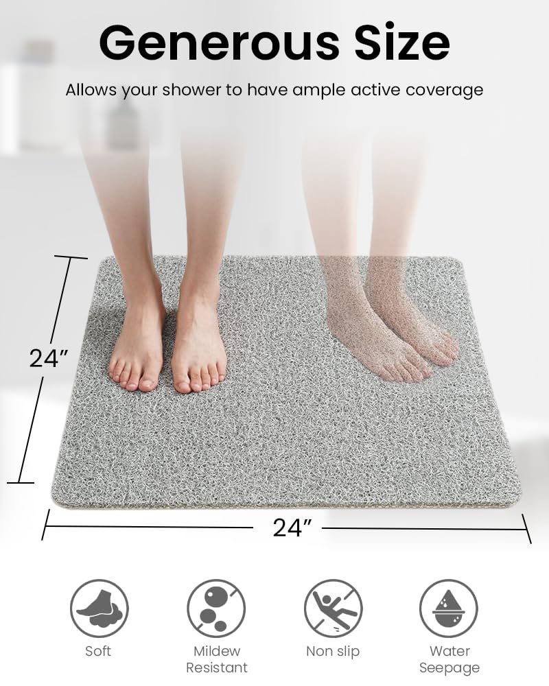 Non Slip Shower Mat, 23.6 x 23.6 inch Quick Drying PVC Loofah Bathmat, Easy Cleaning Shower Floor Mat for Shower, Tub, Bathroom, Wet Areas