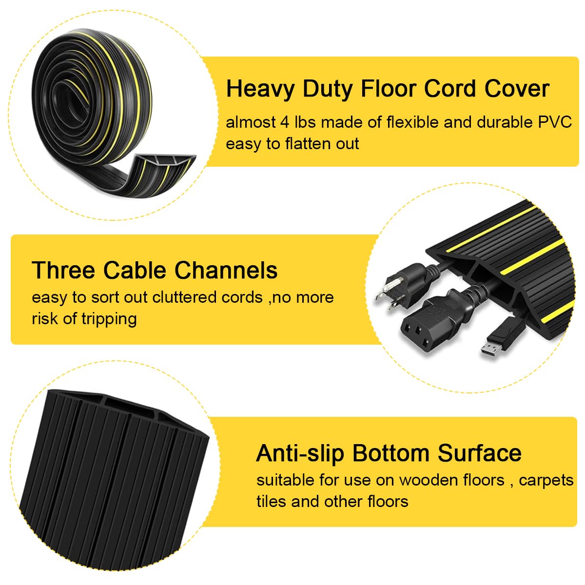 HASTHIP Floor Cord Cover for Home and Office with 3 Channels 6.56ft PVC | Waterproof Black Protector