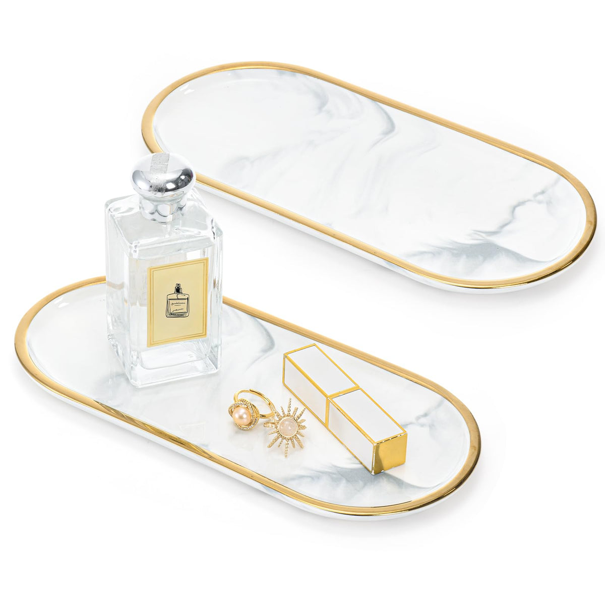HASTHIP Vanity Tray for Bathroom Countertops with Raised Edges featuring 31.8x14.8cm Ceramic Marble Pattern | Elegant Organizer for Jewelry and Makeup