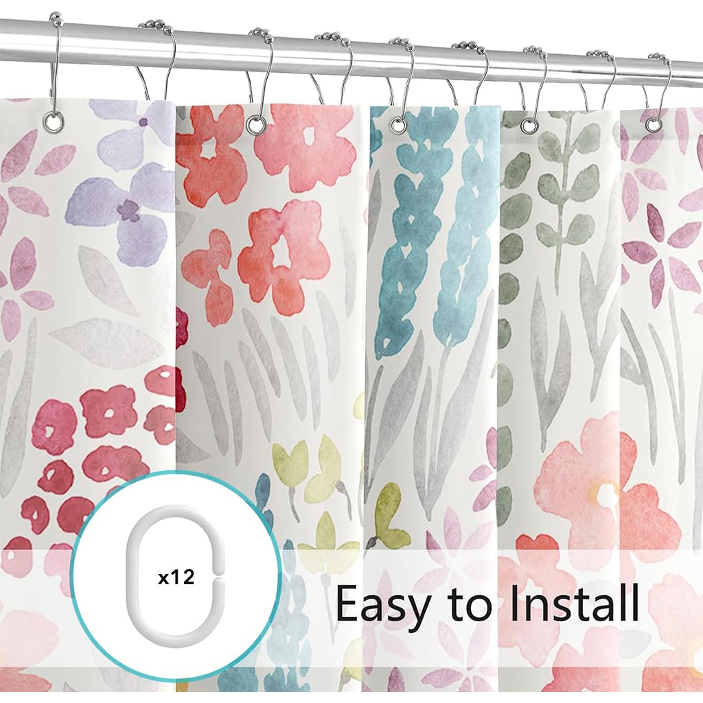 HASTHIP Shower Curtain for Bathroom 72x72 with 12 Hooks and Metal Eyelets | Colorful Floral Polyester Decor