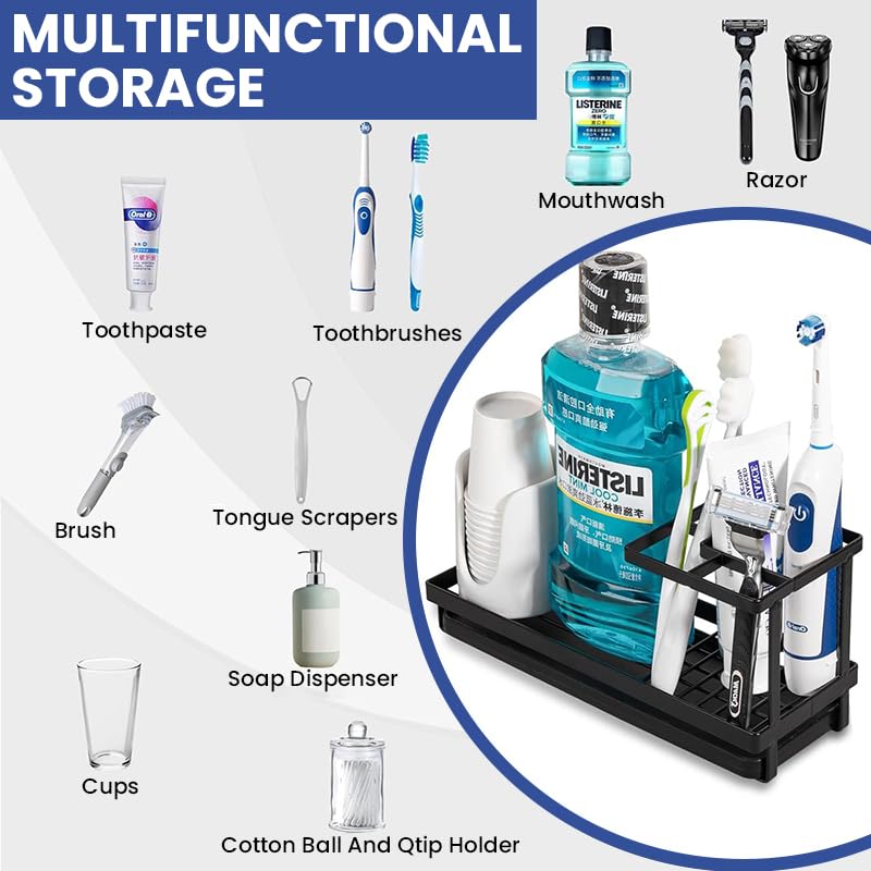 HASTHIP Toothbrush Holder for Bathroom with Pull Out Drip Tray and Cup Drain Rack | Metal Black Organizer Stand