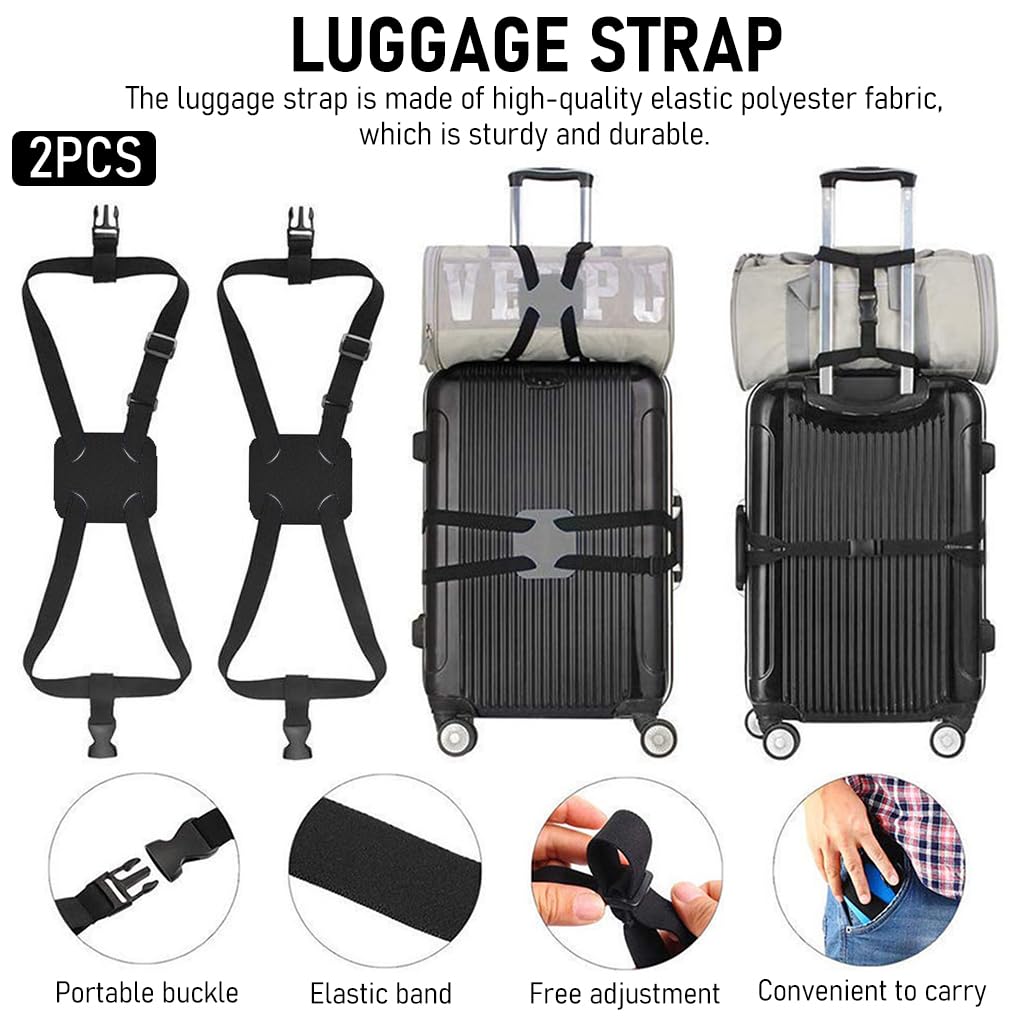 2Pcs Luggage Straps Bag Bungees for Add a Bag, Adjustable Elastic Travel Suitcases Luggage Bags Strap Belt with Buckles - Black