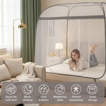 HASTHIP® Double Bed Mosquito Tent Net with Frame,Roofed Fine Mesh Canopy Mosquito Net,No Bottom Design Elastic Strap Fixation Zip-up Dual Door Pop-Up Bed for Bedroom 180x200x145cm