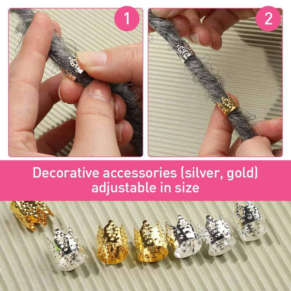HASTHIP Dreadlock Crochet Hooks Set for Braiding with 2 Sizes and 30 Crown Charms | Gold & Silver