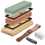 HASTHIP Knife Sharpeners for Kitchen with 400/1000 and 3000/8000 Grit Stones featuring Non Slip Bamboo Base and Leather Strop | Ideal for Chefs