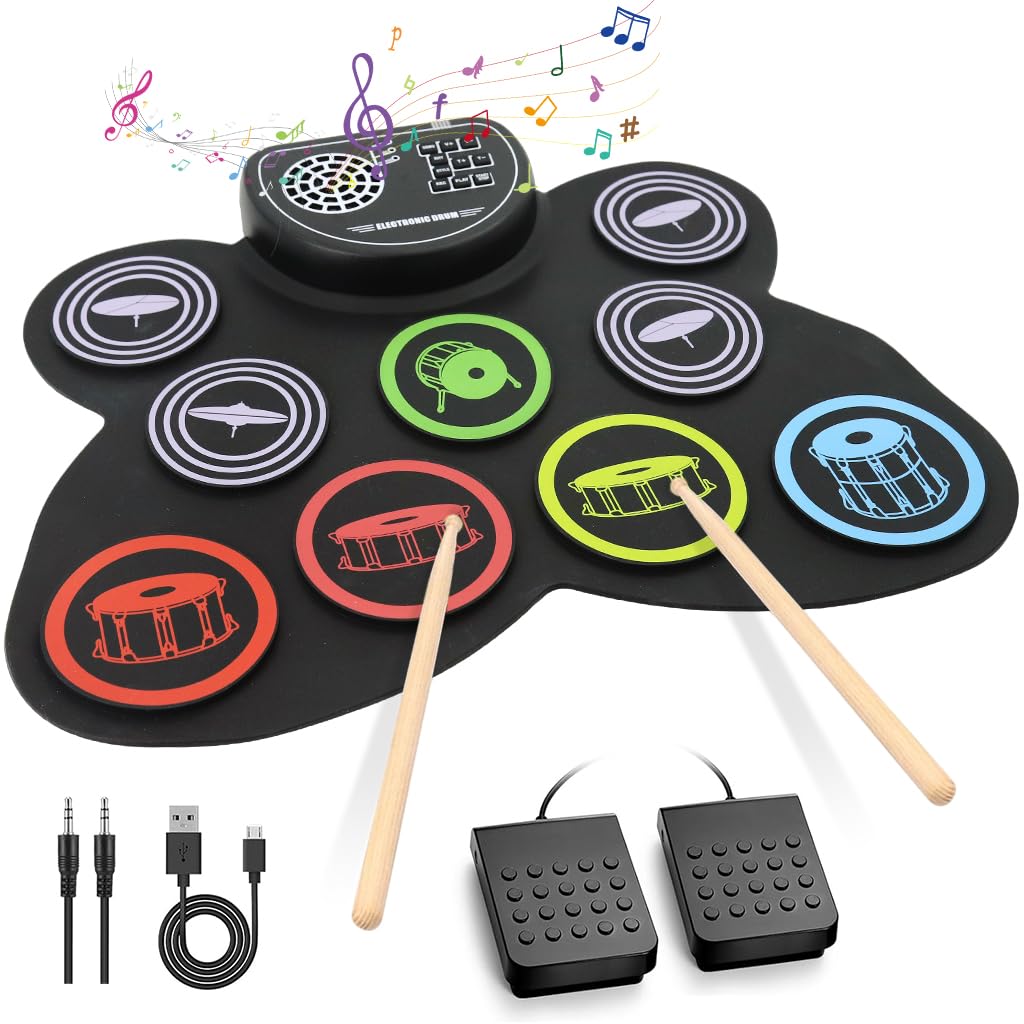 HASTHIP Electronic Drum Set for Beginners with 9 Pads and Dual Pedals | Portable Roll Up Design
