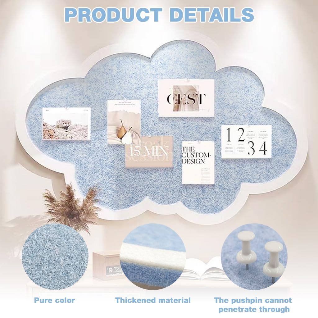 HASTHIP® Cute Cloud Felt Pin Board Self Adhesive Corkboard Alternative,Home Office Felt Vision Bulletin Board DIY Wall Display Panel for Photos Memos Messages,15.7x23.6inch-Blue