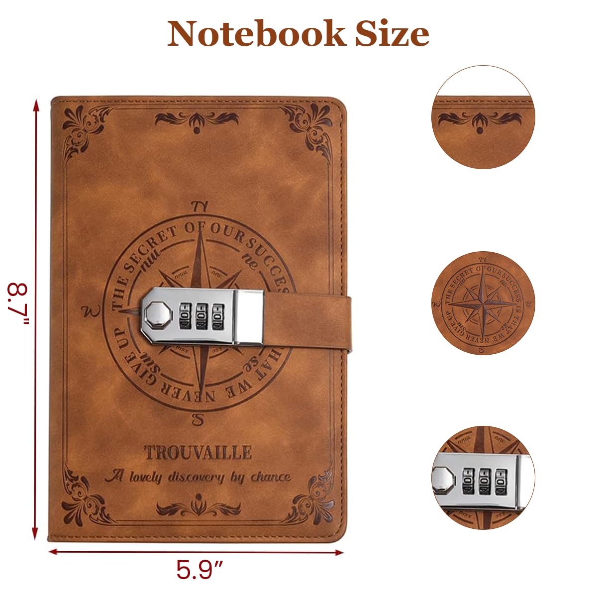 HASTHIP Lock Diary for Personal Writing with 3‑Digit Password Lock and A5 200 Pages Brown