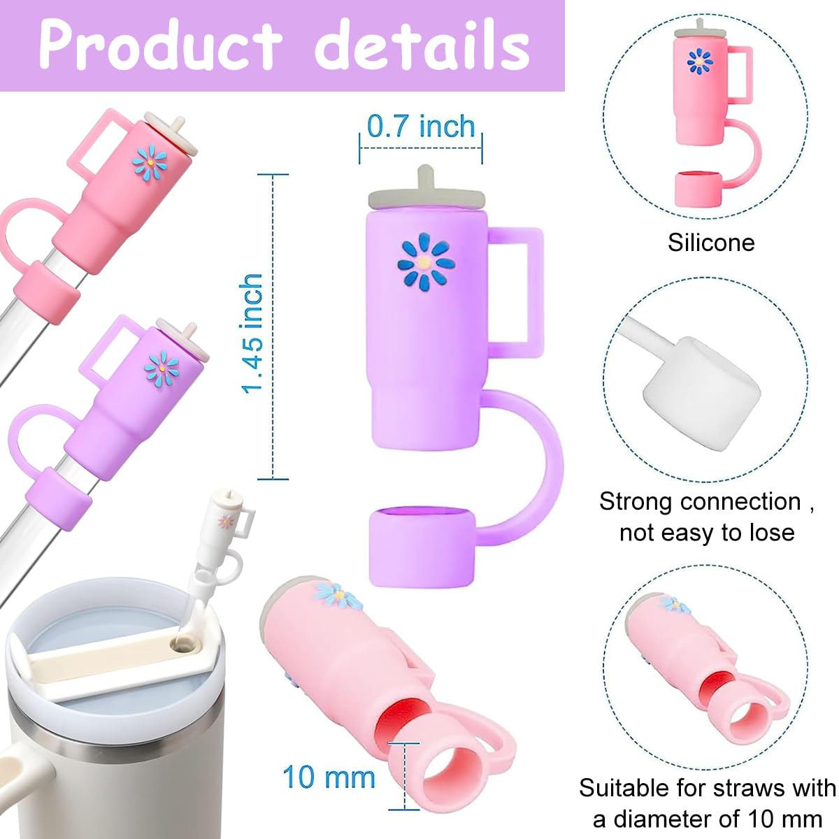 HASTHIP Straw Cover Cap Set for 10mm Cups with Anti Lost Handle and Food Grade PVC | 5PCS