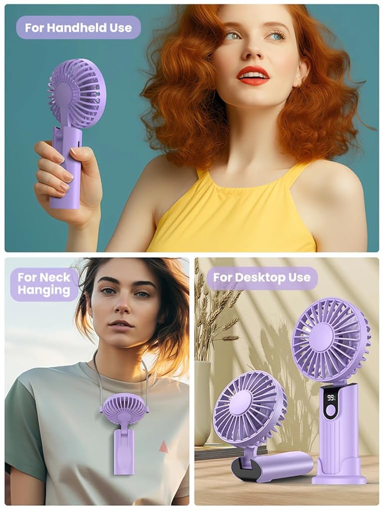 HASTHIP® USB Handheld Fan Mini Desk Fan Neck Fan with Detachable Neck Strap 3 in 1 Variable USB Cordless 5000mAh Portable Pocket Cooling Fan for Travel, Hiking, Office, Purple