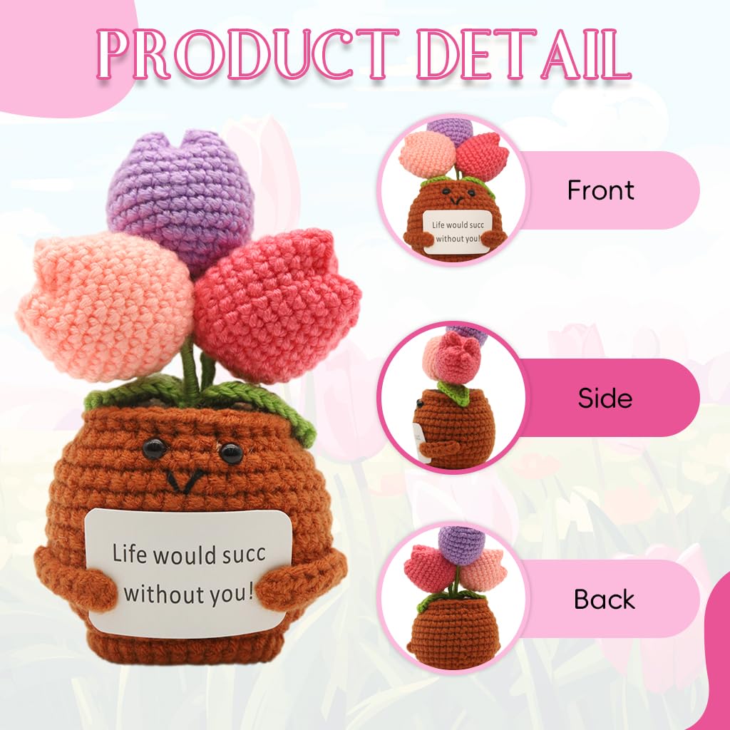 HASTHIP Positive Tulip for Desk and Home Decor with Smiley Pot and 7.3 in Crochet Flowers | Cheerful Gift