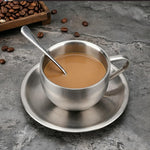 HASTHIP® Stainless Steel Coffee Cup Set, 6oz/180ml Double Wall Insulated Espresso Mugs with Saucer and Spoon, Durable Reusable Coffee Cups for Latte Cappuccino Milk Tea, Dishwasher Safe Silver