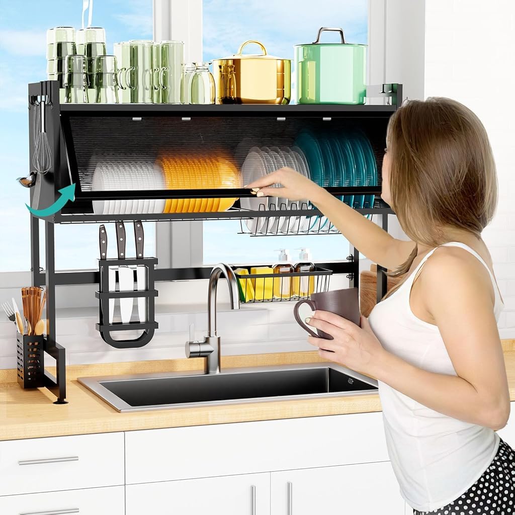 HASTHIP Over Sink Kitchen Organizer for Cutlery and Dishes featuring 2 Tier Carbon Steel Rack