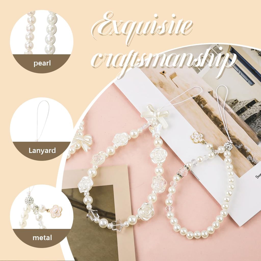 HASTHIP® 4 Piezas Colgantes para Teléfono con Perlas y Lazo Floral, Cuerda con Cuentas Kawaii, Correa de Muñeca Decorativa para Chicas, Accesorio de Móvil Ideal como Regalo
