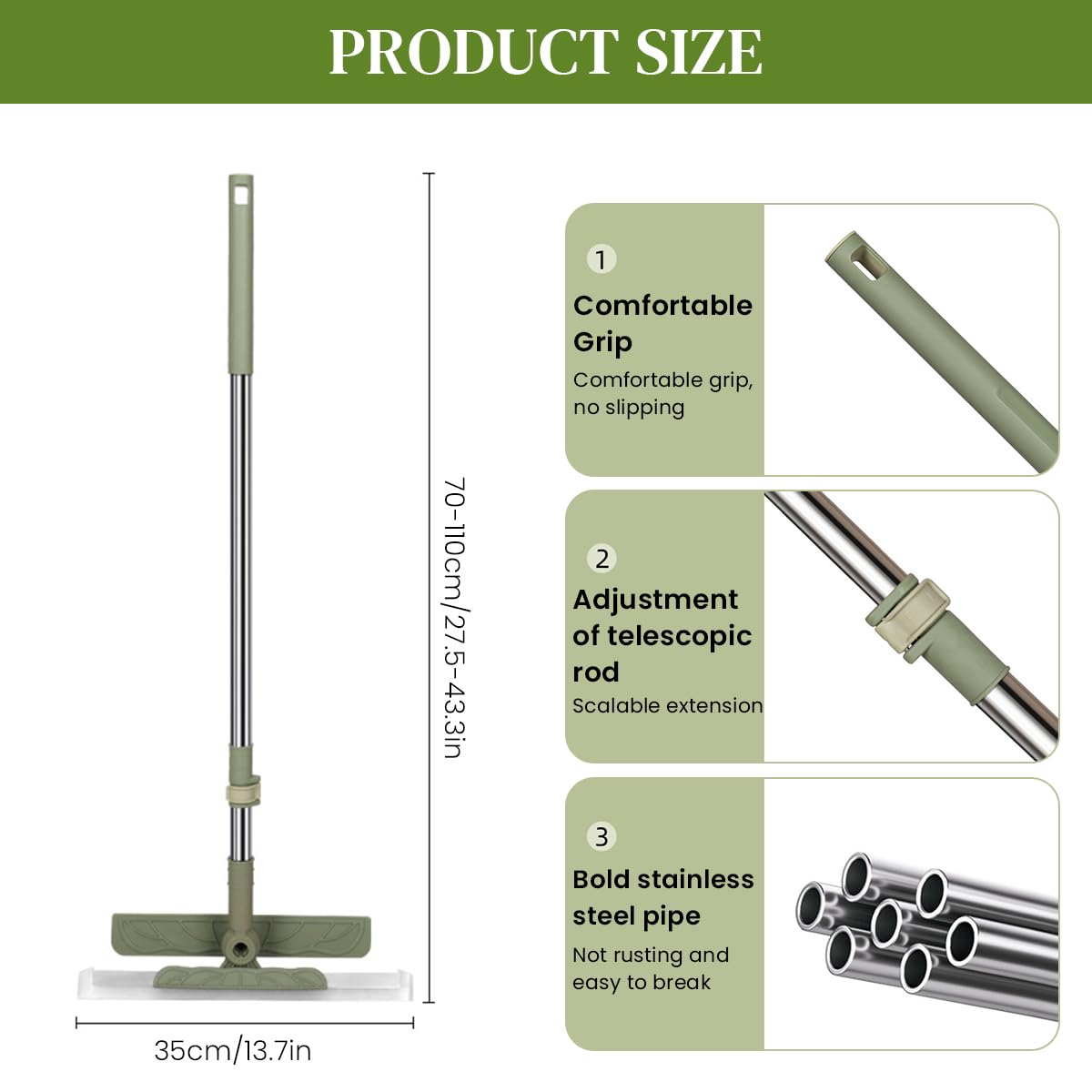 HASTHIP Window Squeegee Cleaner for Glass and Floor with 27.56–43.31 in Steel Pole featuring 180° Rotatable Head | Includes 2 Microfiber Attachments