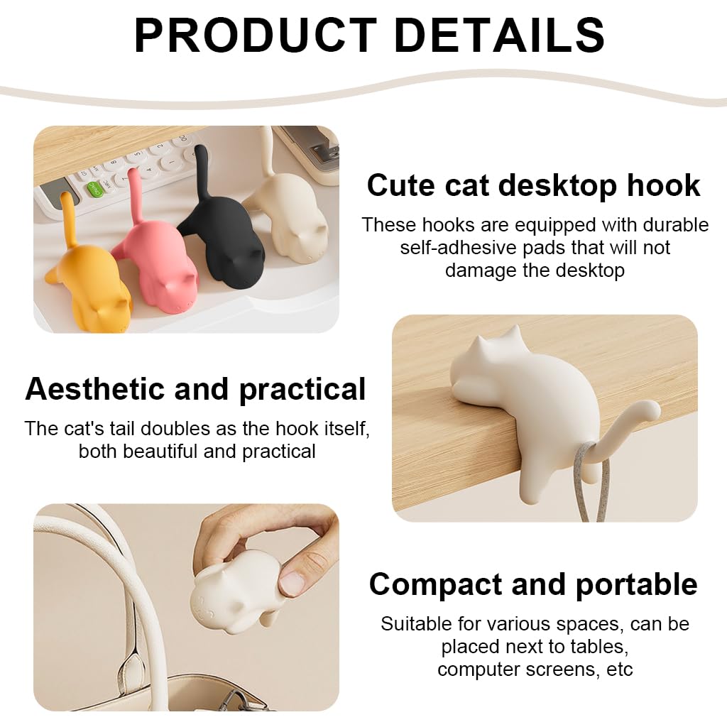 HASTHIP Desk Bag Hooks for Home and Office with Self Adhesive Design | 4 Pcs Cartoon Kitty Hangers