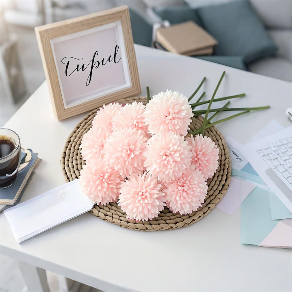 HASTHIP Artificial Chrysanthemum Flowers for Table Decor featuring 10pcs 9in Pink Fabric Bouquet