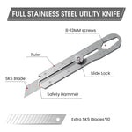 HASTHIP Utility Knife with 13cm Laser Etched Ruler and T Handle Scraper | Stainless Steel Box Cutter with 10 Replacement Blades