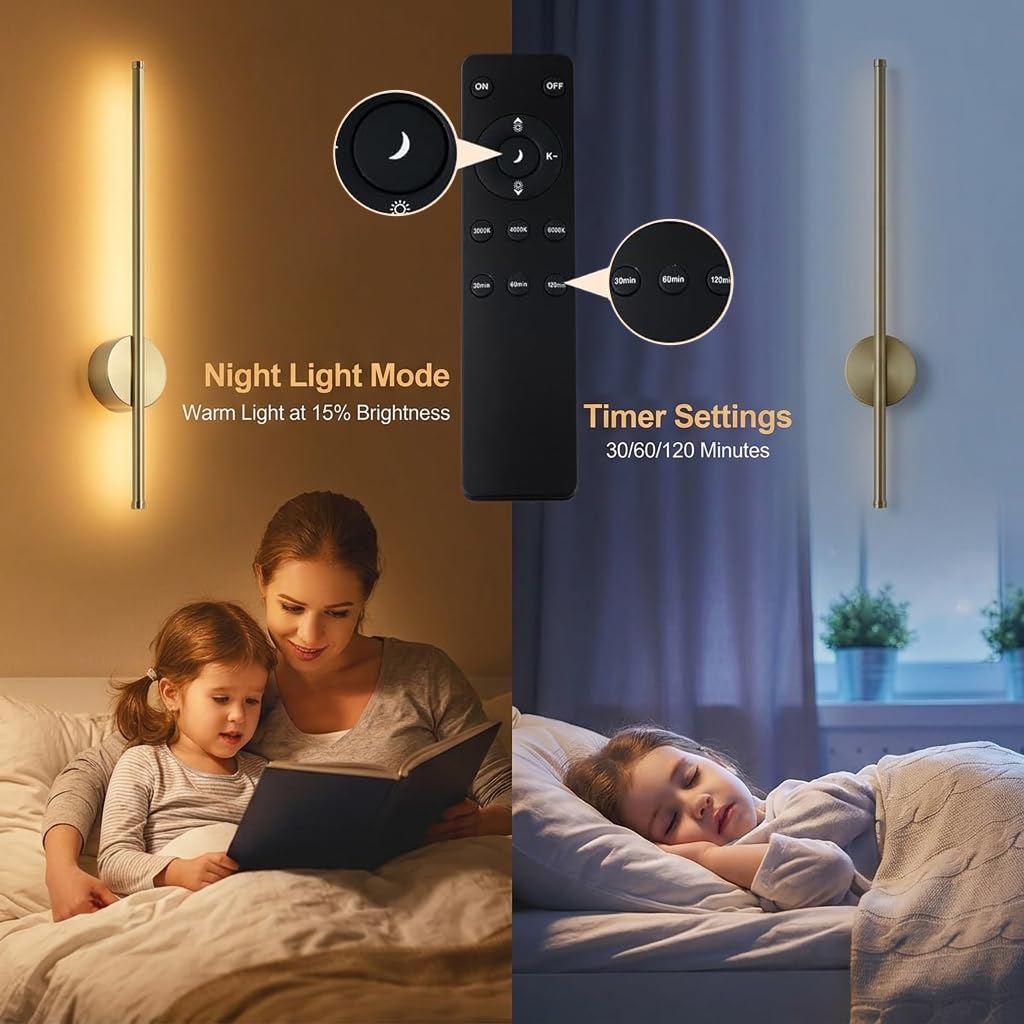 HASTHIP® Modern Wireless Wall Sconces with Rechargeable Battery, Dimmable LED Light with Remote Control, 3 Color Temperatures, 350° Rotation, 6000mAh Long Battery Life, Gold 23.6in for