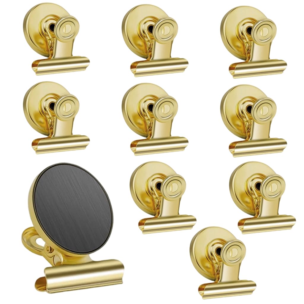 HASTHIP Magnetic Clips for Fridge and Whiteboard with Strong Magnet 10Pcs Golden Metal Set