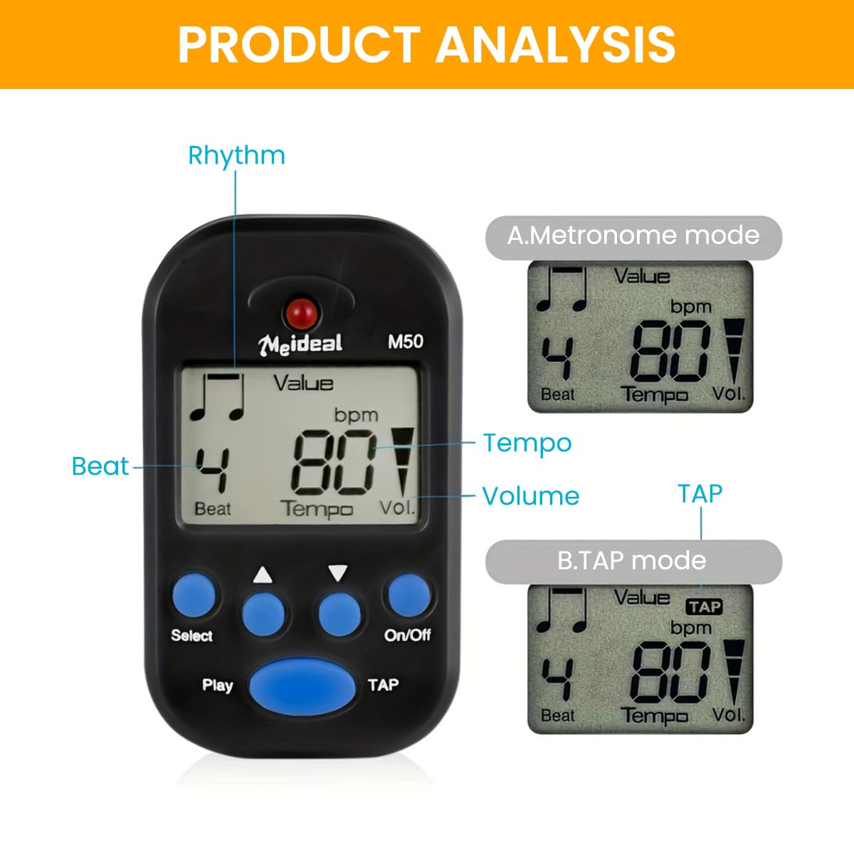 HASTHIP Digital Clip On Guitar Metronome with LCD Screen and 3.5mm Headphone Jack | Adjustable Tempo and Volume for Private Practice