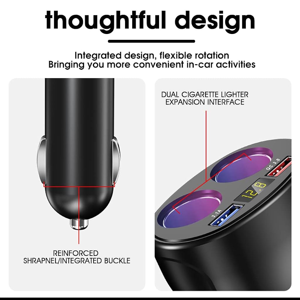 HASTHIP® Car Charger, 120W Car Cigarette Lighter Splitter with QC3.0 & 3.1A USB Ports 12V/24V Car Charger Car Lighter Adapter with LED Voltage Display Car Charger Fast Charging for GPS Dash Cam Phone