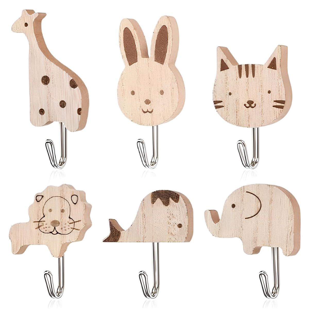 HASTHIP Cartoon Wooden Wall Hooks for Entryway and Room with Self-Adhesive Design | 6Pcs Durable Wood & Metal Organizer