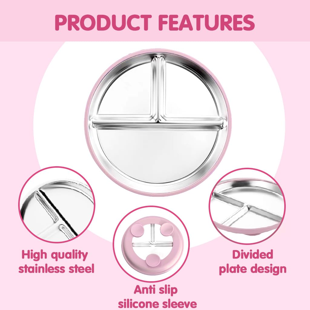 HASTHIP Steel Plates for Kids featuring 3 Compartments and Silicone Suction Base | 9 in Rustproof Stainless Toddler Dish