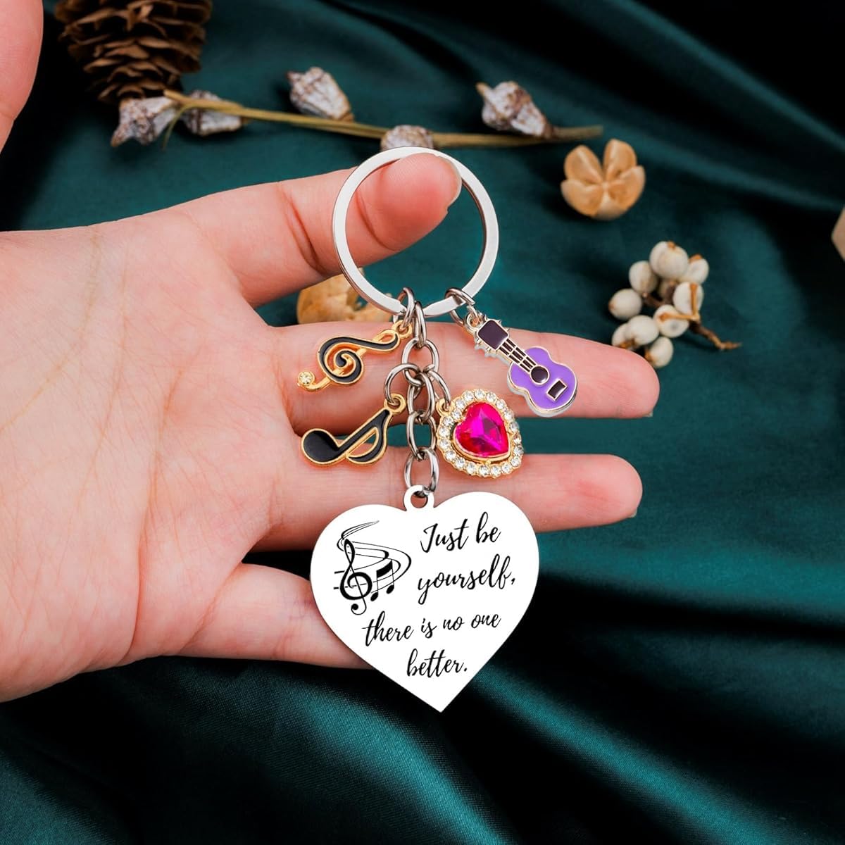 HASTHIP Keychain for Women featuring 1.38 in Heart Pendant with Silicone Guitar Charm | Gift for Girls and Friends