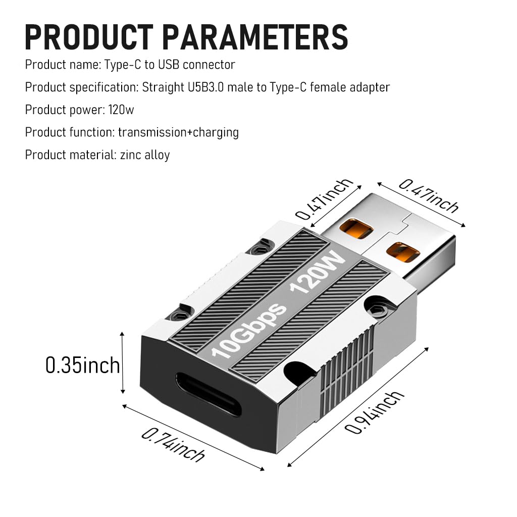 USB C to USB A OTG Adapter Type C to USB Adapter USB 3.1 Adapter Support Data Transfer & Max 120W Fast Charging Zinc Alloy