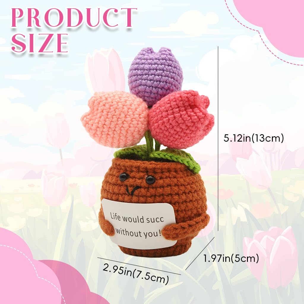 HASTHIP Positive Tulip for Desk and Home Decor with Smiley Pot and 7.3 in Crochet Flowers | Cheerful Gift