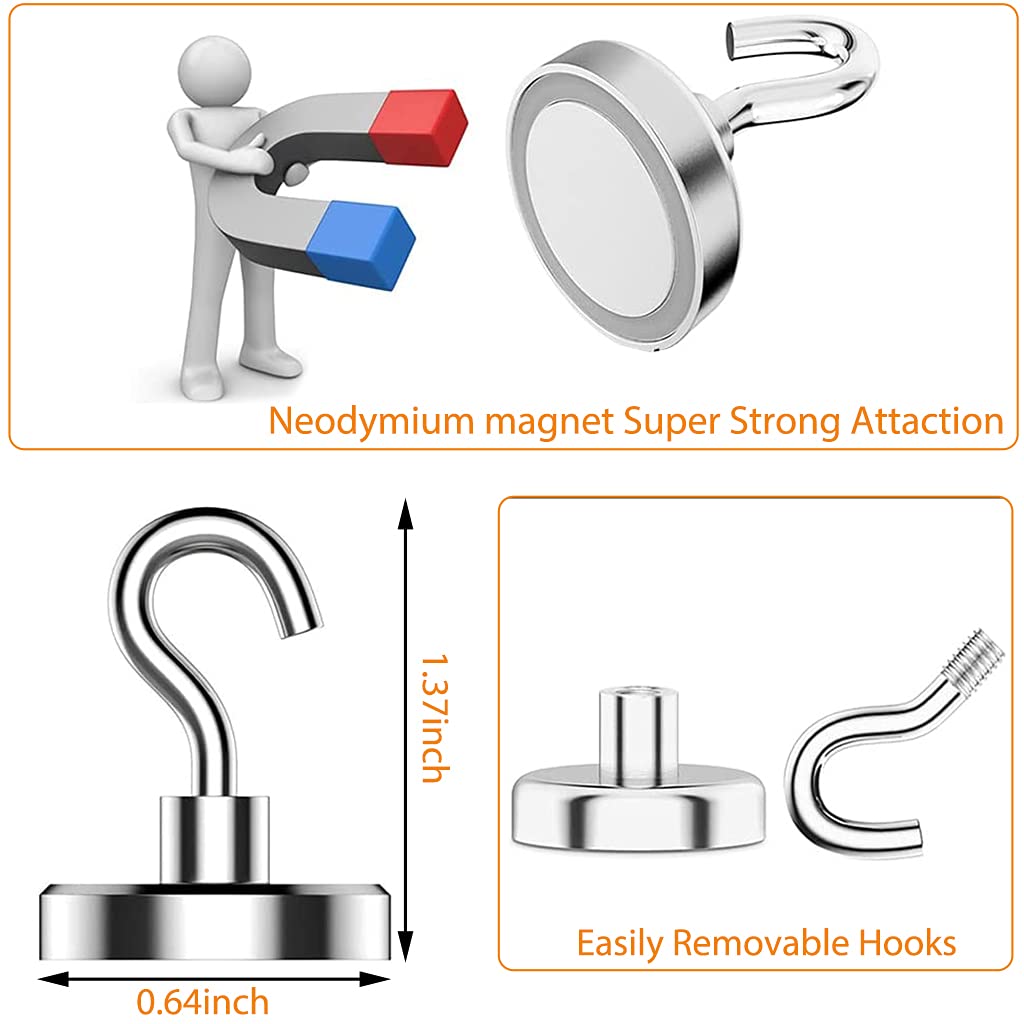 HASTHIP Neodymium Magnets Hooks for Fridge and Ceiling with 16mm Steel Base 6kg Hold | Pack of 10 White