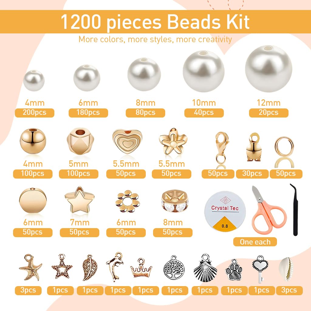 HASTHIP® 1200 Pcs Pearl Beads and Gold Spacer Beads Set for Jewelry Bracelet Making Kit with String and Charms…