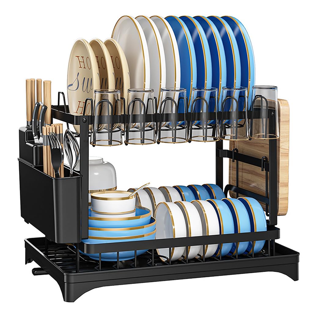 HASTHIP® Dish Drying Rack, Double Dish Drying Rack, Dish Drying Stand with Utensil Holder & Drainboard Tray & Cutting Board Holder, Large Capacity Dish Drainer Collapsible Rust-Resistant Dish Rack