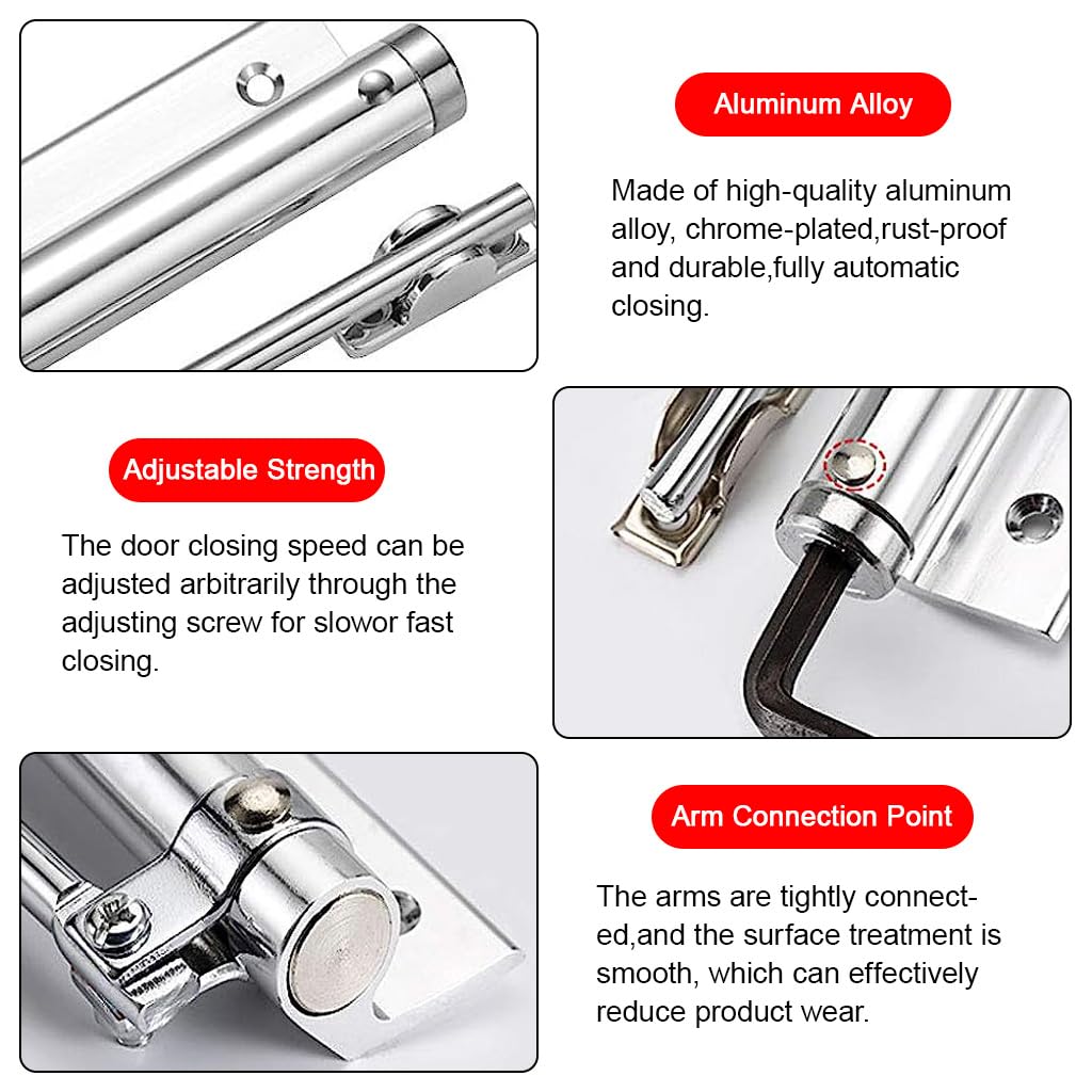 2 Pack Door Closer, Spring Loaded Automatic Door Closer, Stainless Steel Door Closer with Folding Spring Arm, Surface Mounted Door Closer with Accessories Tools for Home, Office, Hotel Door