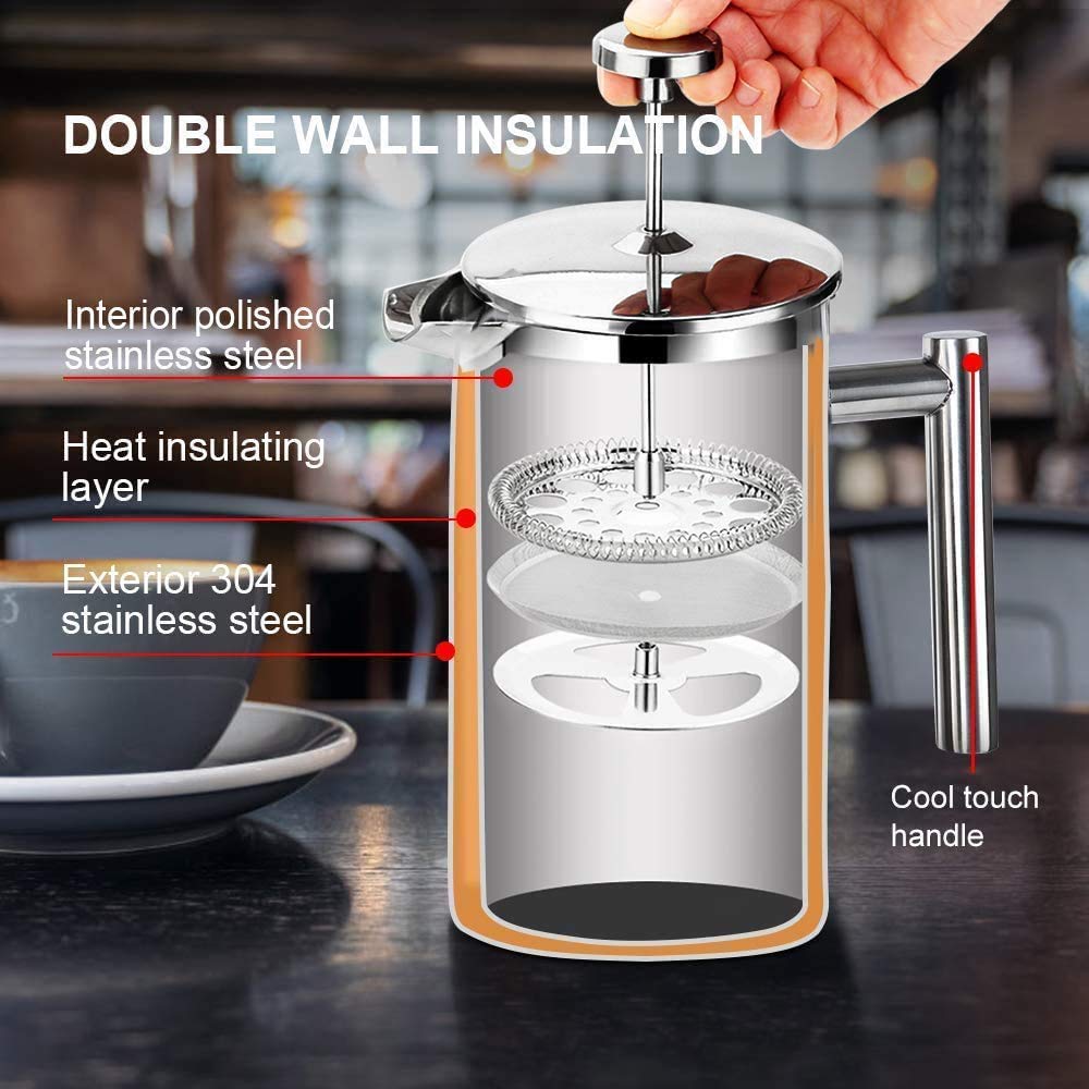 French Press Coffee Maker 800ML Double Insulated 304 Stainless Steel Coffee Maker with 4 Level Premium Filtration System, Rust-Free, Dishwasher Safe