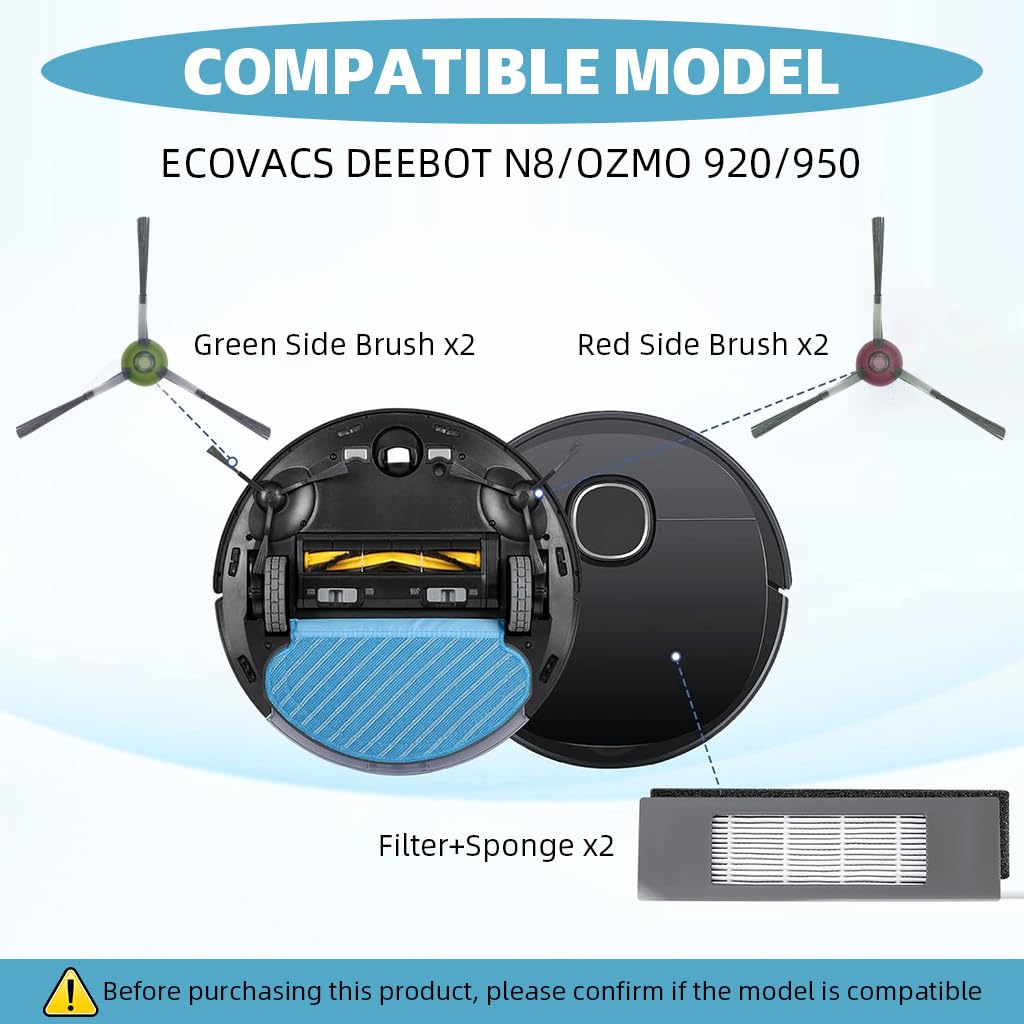 HASTHIP Replacement Accessories Kit for Ecovacs Deebot N8 OZMO 920 950 with 8 pcs Set | 4 Side Brushes 2 Mop Cloths and 2 HEPA Filters