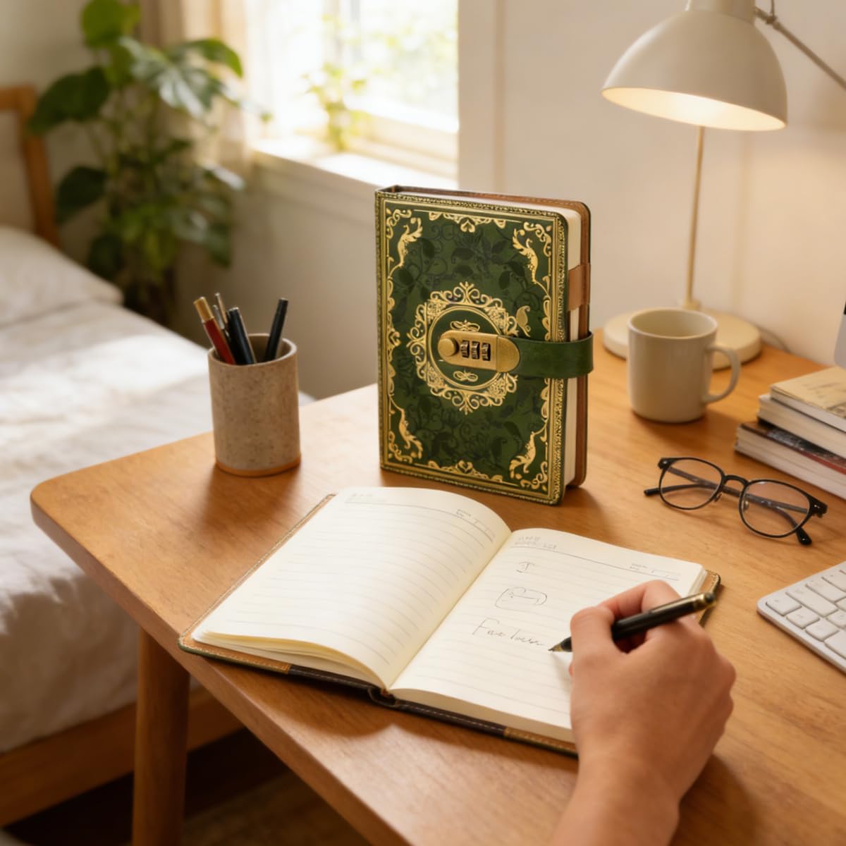 HASTHIP® Vintage Leather Journal Notebook with Combination Lock, A5 Refillable Embossed Flower Writing Diary with Lined Paper, Secret Notebook for Women Girls Kids, Retro Gift Idea (Green)
