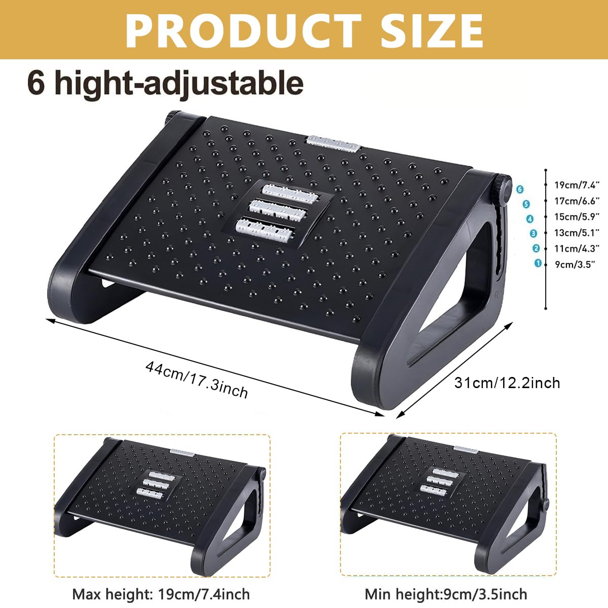 HASTHIP Foot Rest Under Desk for Office Chair with Massage Rollers and Adjustable Height | Black