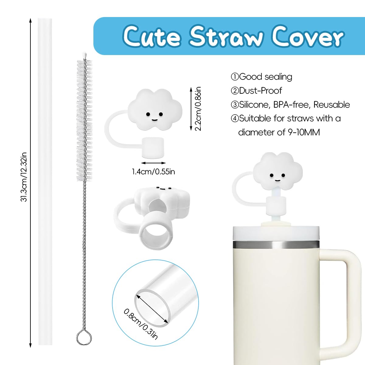 HASTHIP Straws for Stanley Cup with 12PCS 12.2 in Reusable PE Design and Cloud Caps | Cleaning Brush Included