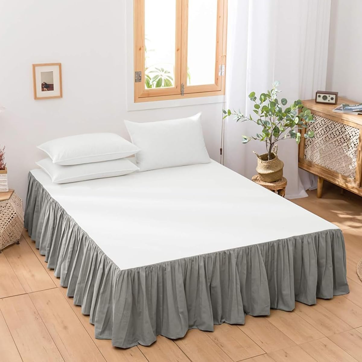 HASTHIP Bed Skirt for Single Bed 75x39 in featuring Pleated Minimalist Design in Grey | 15 in Drop Polyester Cotton Dust Cover