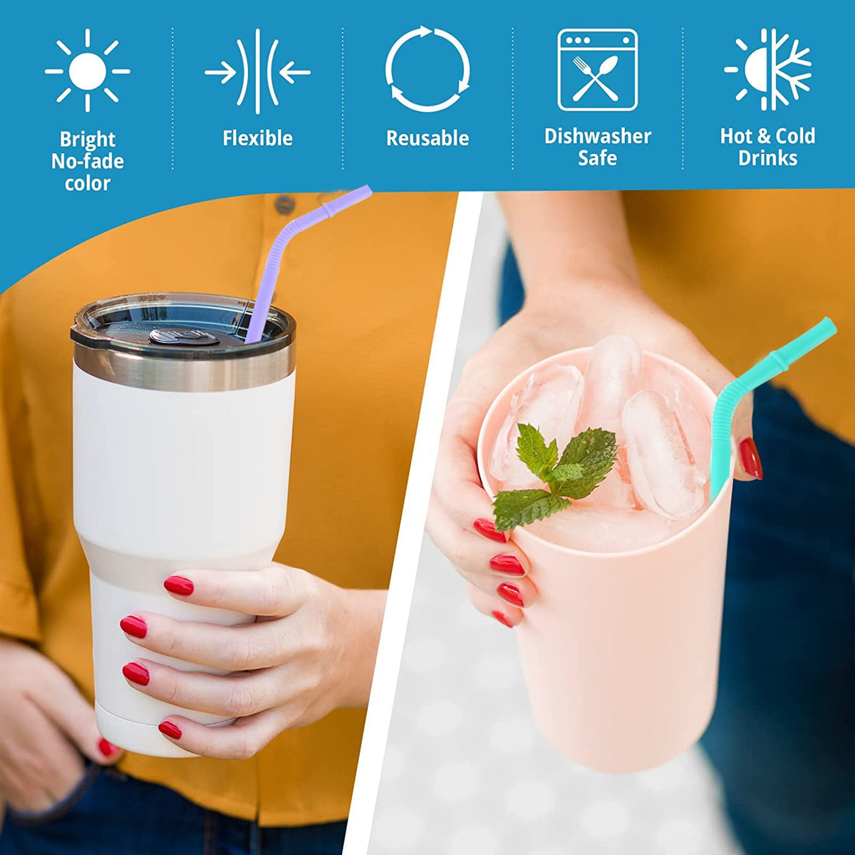 HASTHIP Reusable Silicone Straws 8.4 in for Kids and Adults with Cleaning Brush & Cloth Bag | BPA Free Flexible Drinking Straws