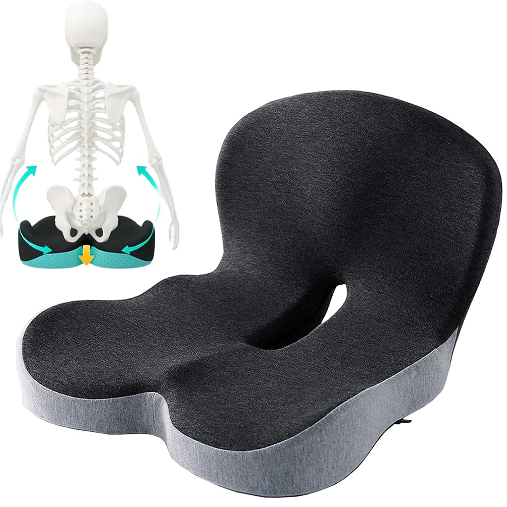 HASTHIP® Memory Foam Seat Cushion for Office Chair, Car & Truck, Ergonomic Coccyx & Tailbone Pain Relief Cushion with Lumbar Back Support, Non-Slip Large Chair Pad for Long Sitting - Dark