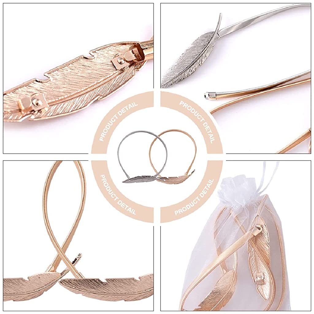 HASTHIP Curtain Tiebacks for Home and Office with 35cm Elastic Alloy Strap featuring Snap Buckle | Gold Feather Decor Pair