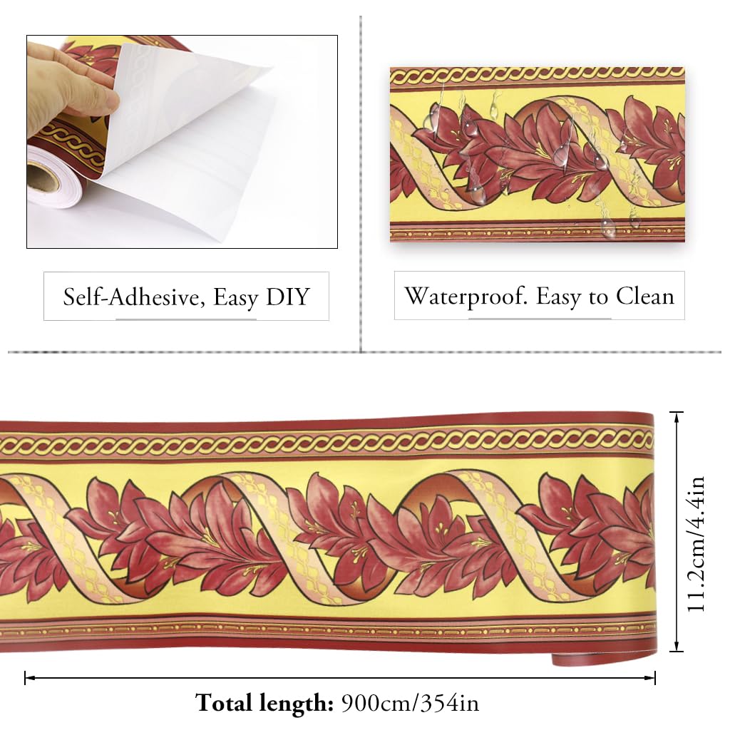 HASTHIP® Wall Border Sticker - 3.9''×29.5 Ft Self-Adhesive Floral Trim PVC Frame Sticker, Kitchen Bathroom Waterproof Wallpaper Border Removable Self Adhesive Tiles for Room Decor, Cupboard, Home DIY