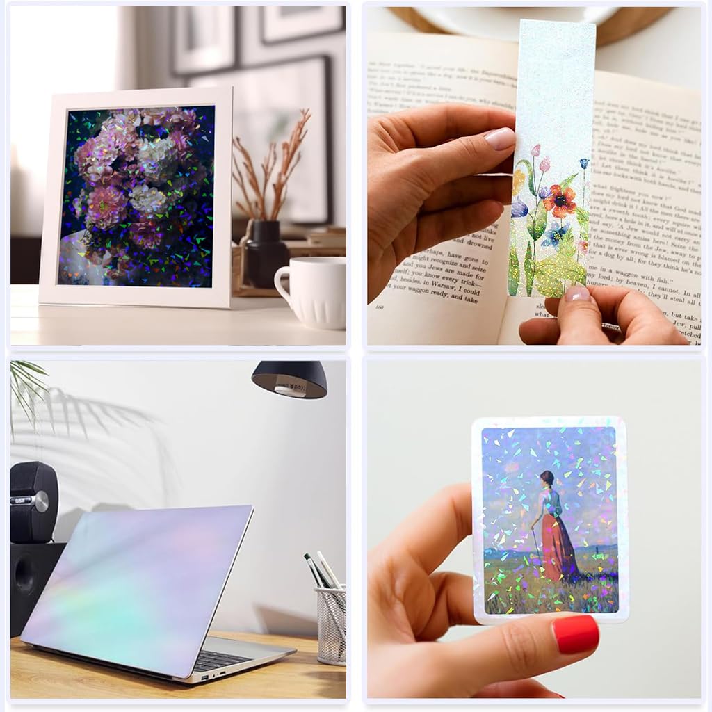 HASTHIP Vinyl Holographic Sticker for DIY Crafts with Self Adhesive Backing 20 Sheets 8.5x11 inch | 4 Styles Gem Dot Colorful Star Pattern