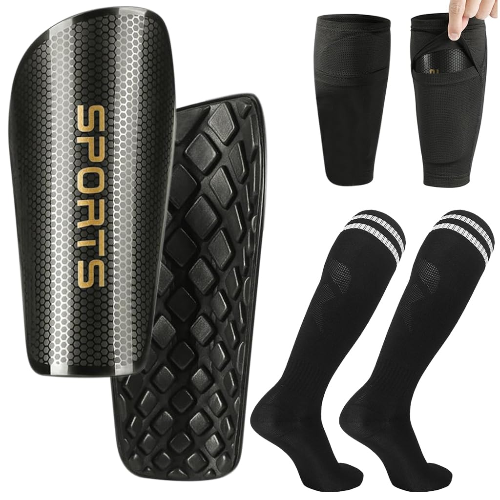 HASTHIP® Espinilleras Futbol Niños Set de 3,Protector Tibia EVA Ligero y Transpirable con Medias Compresivas y Mangas Ajustables para Fútbol,Rugby Hockey Talla S