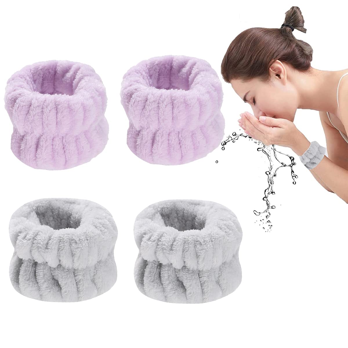HASTHIP® 2 Pares Muñequeras de SPA para Mujeres,Pulseras Absorbentes de Felpa Suave para Lavarse la Cara,Yoga Deporte y Cuidado Facial Equipos Belleza Súper Absorbentes (Púrpura + Gris)