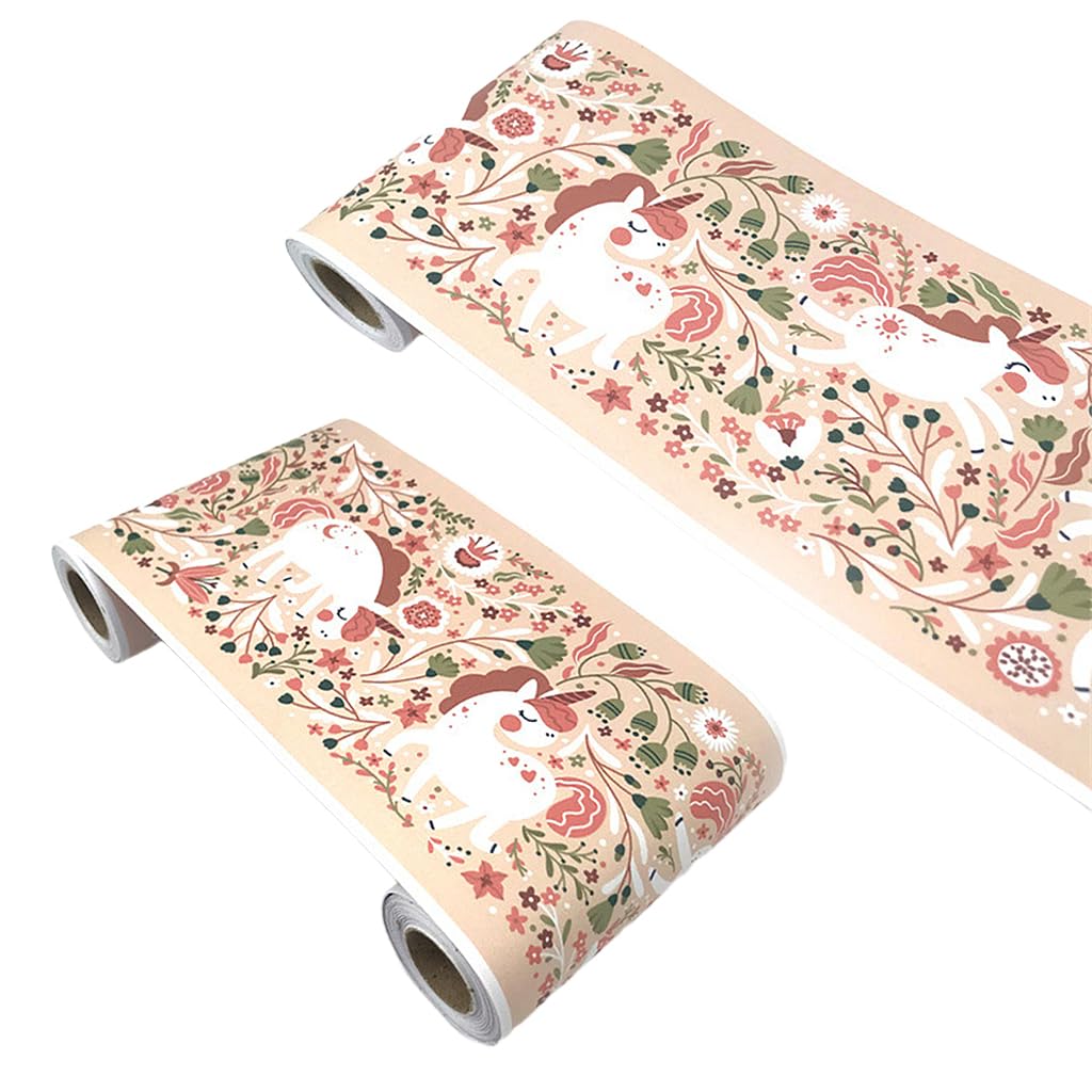 HASTHIP Wallpaper Border for Kids Rooms with Peel and Stick Design 0.32ft x 9.84ft PVC | Pink Unicorn Floral Decor